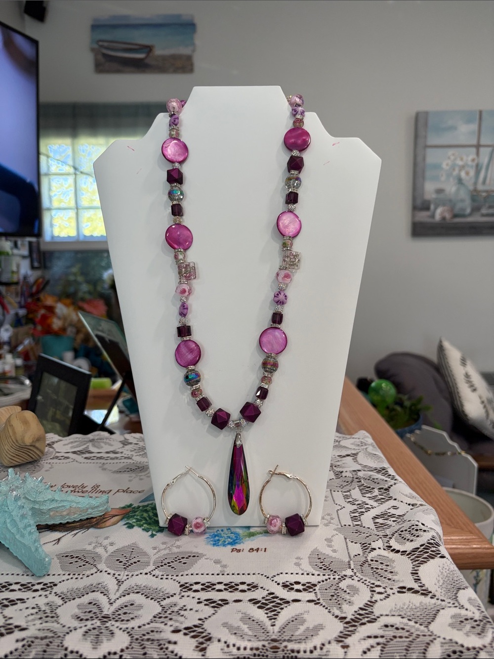 Purple Beaded Necklace and Earring Set with Iridescent Pendant